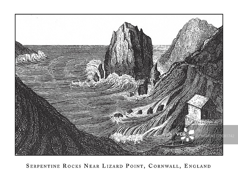 康沃尔蜥蜴角附近的蛇纹岩，英国，洞穴和岩层雕刻古董插图，出版于1851年图片素材
