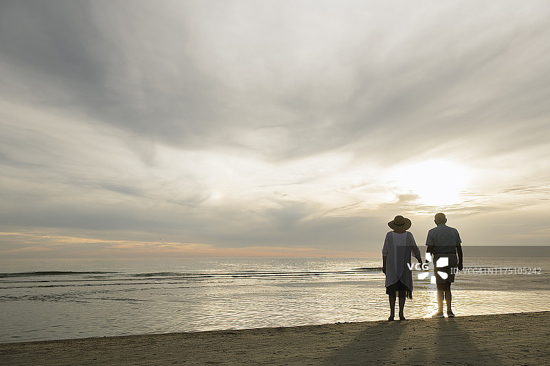 老年夫妇手牵手在拉脱维亚利耶帕亚海滩观看日落的背影图片素材