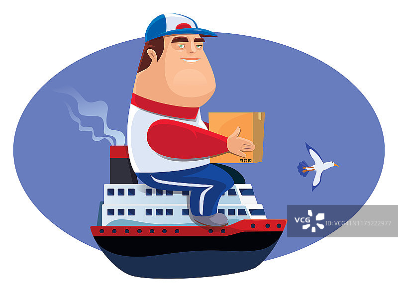快递员坐在装有纸箱的船上图片素材