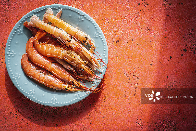 珊瑚色蓝盘中的生虾图片素材