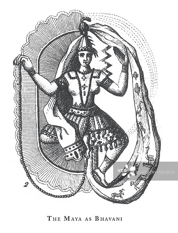 玛雅、博瓦尼、印度教和佛教宗教符号及器具古董插图，1851年出版图片素材