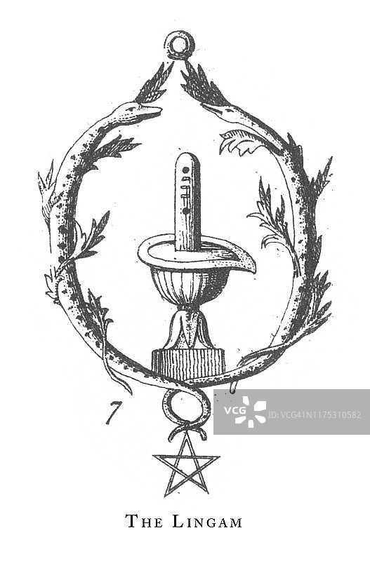 林伽：印度教和佛教宗教符号及宗教用品，1851年古董插画图片素材