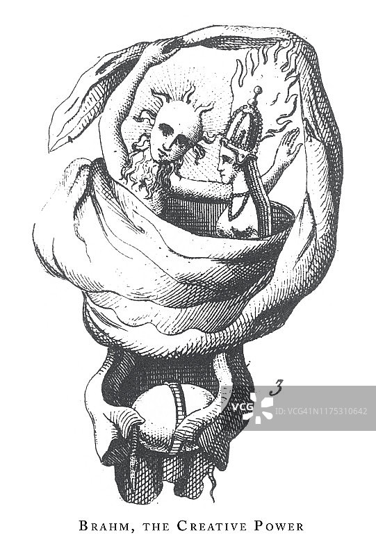 梵天，创造力之源，印度教和佛教宗教符号古董插画，1851年出版图片素材