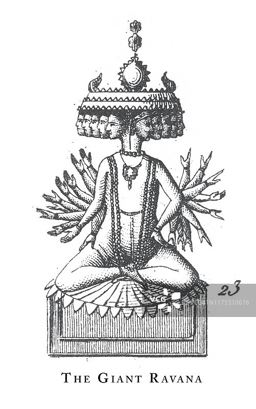 巨型罗波那，印度教和佛教宗教符号及宗教器具雕刻古董插图，出版于1851年图片素材