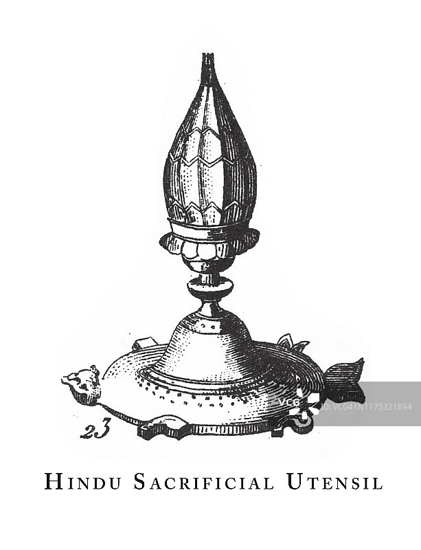 印度教祭祀用具，印度教和佛教宗教符号及宗教用具古董版画，出版于1851年图片素材
