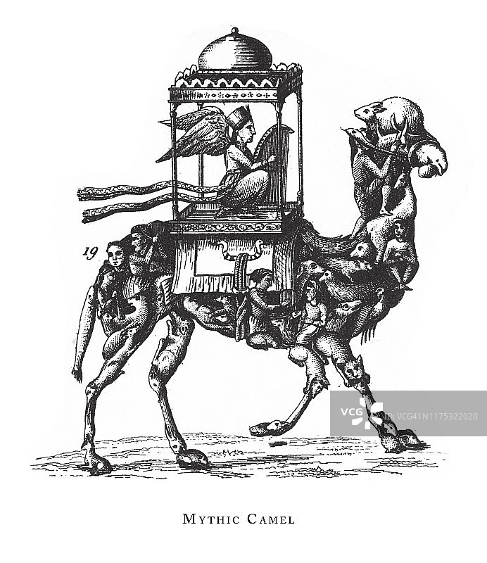神话骆驼、印度教和佛教宗教符号及器具古董版画，出版于1851年图片素材