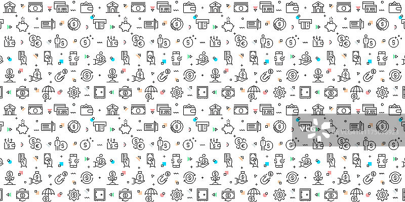 Money时尚线性风格设计模板和元素矢量图合集：与Money相关的线性图标无缝图案图片素材