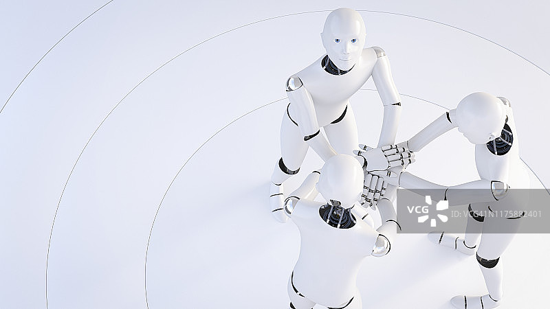 三个机器人叠手效果图图片素材