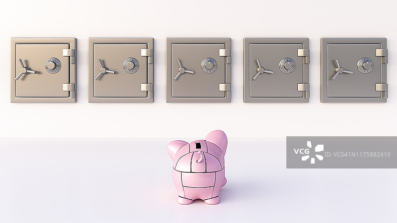 金库前的粉色机器人小猪储蓄罐渲染图片素材