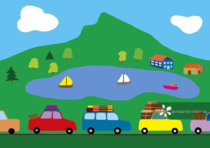 儿童画：通往假日的交通堵塞图片素材