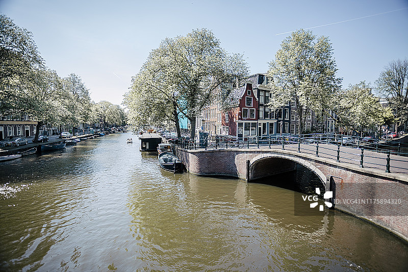 阳光明媚的春日，阿姆斯特丹运河上的桥梁图片素材