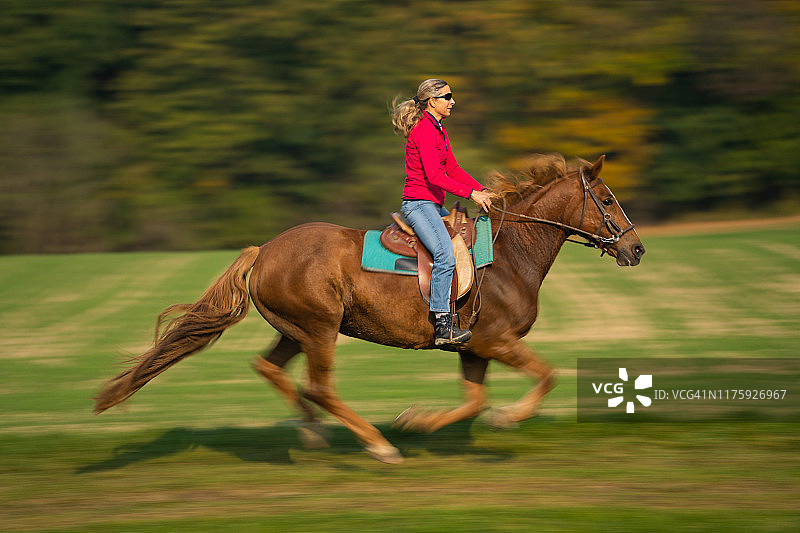 女人在秋天户外骑马飞奔图片素材