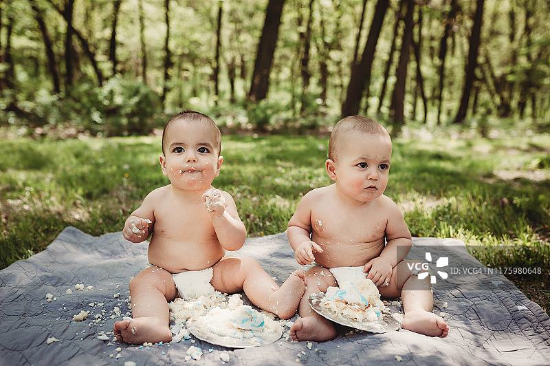 一周岁双胞胎兄弟穿着尿布砸蛋糕庆祝生日图片素材