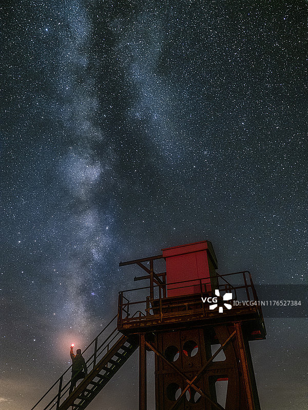 在太空天文台看银河的男人轮廓图片素材