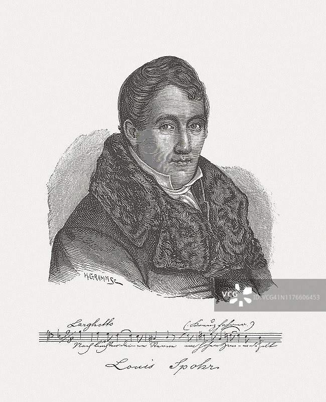 路易·施波尔 (1784-1859)，德国作曲家，1885年出版的木刻版画图片素材
