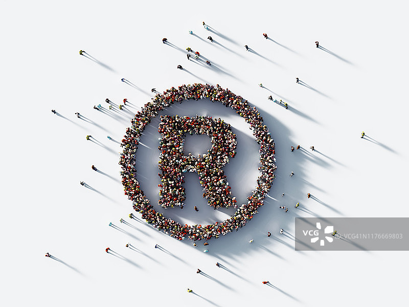 人群汇聚成注册商标符号，白色背景：专利与版权概念图片素材