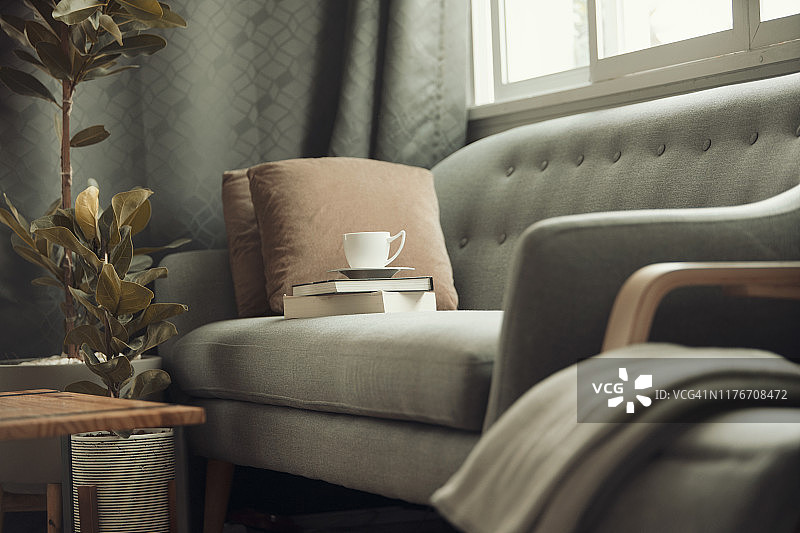 近距离观察客厅里放着书的咖啡杯，有留白图片素材