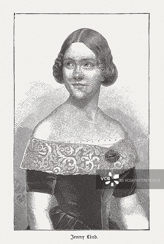 燕妮·林德（1820-1887），瑞典歌剧演唱家，1885年版木刻版画图片素材