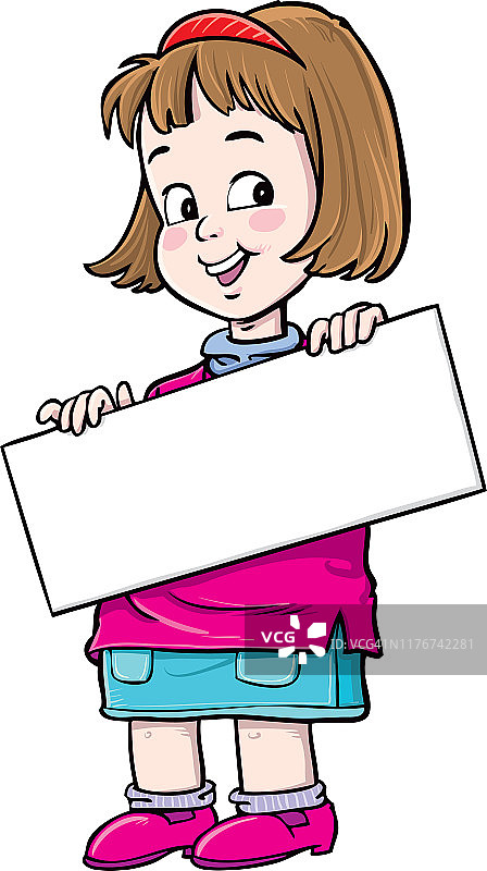 小女孩拿着白色空白板／banner／海报图片素材