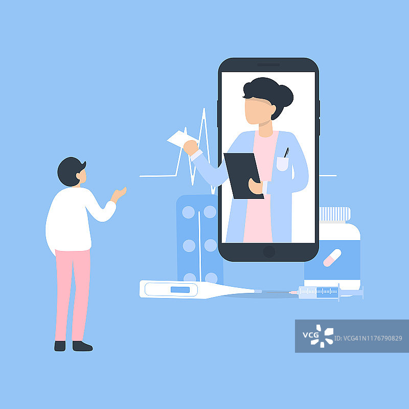 女医生用电话与男病人交流图片素材