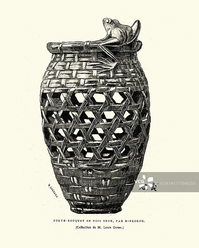 日本艺术：铭古堂雕刻木制花瓶图片素材