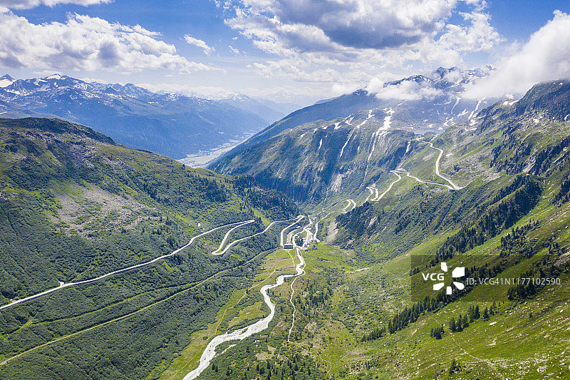 格里姆瑟尔山口和富尔卡山口，鸟瞰图，瑞士图片素材
