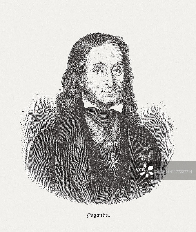尼科洛·帕格尼尼（1782-1840），意大利小提琴家，1885年木刻版画图片素材