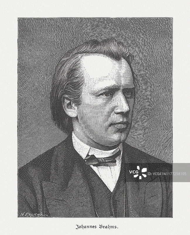 约翰内斯·勃拉姆斯（1833-1897）：德国作曲家，1885年出版的木刻版画图片素材