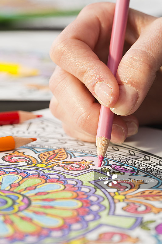 女孩用彩色铅笔涂色图片素材