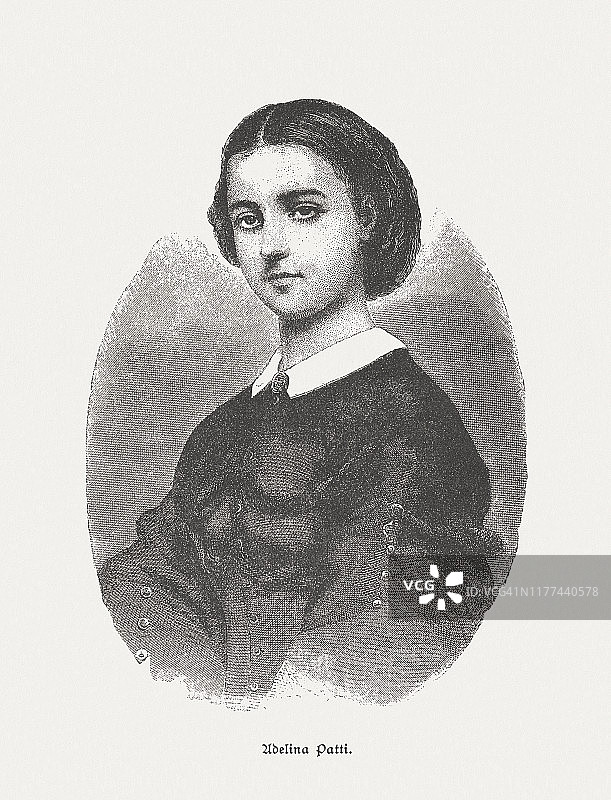 阿德琳娜·帕蒂 (1843-1919)，西班牙-意大利歌剧女高音，1885年出版的木刻版画图片素材
