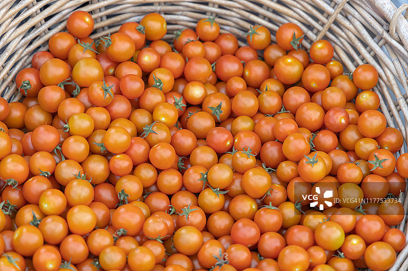 cane basket中的小番茄特写，在农贸市场图片素材
