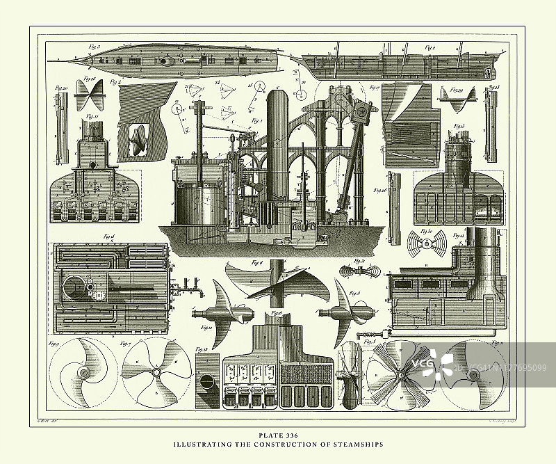 1851年蒸汽船建造复古雕刻插画图片素材