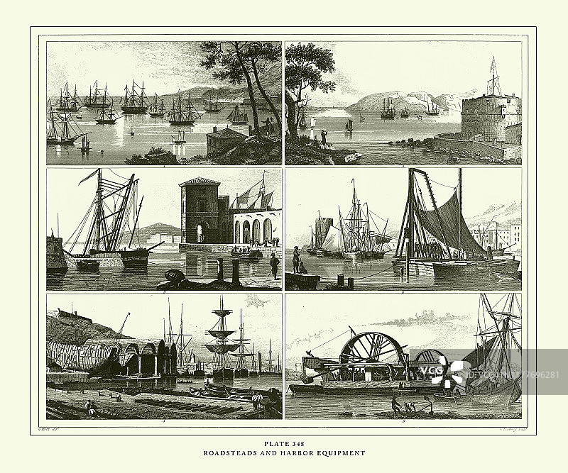 1851年锚地和港口设备雕刻古董插画图片素材