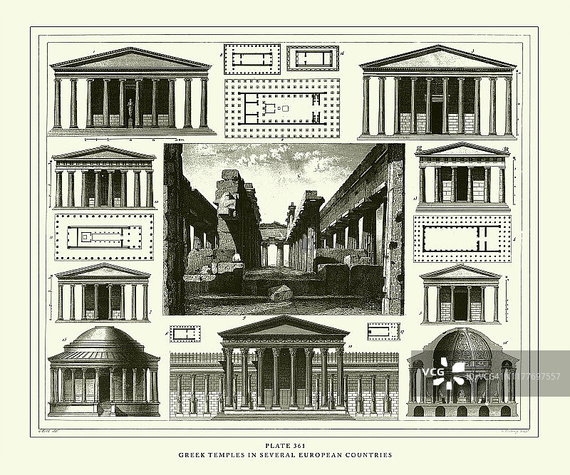 1851年欧洲多国希腊神庙古董雕刻插图图片素材