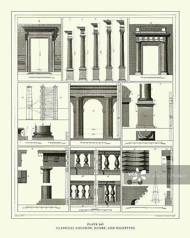 1851年古董雕刻：古典柱、门和栏杆图片素材