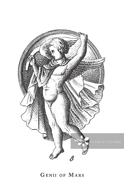 火星的精灵，古典神祇和神话人物古董插图，出版于1851年图片素材