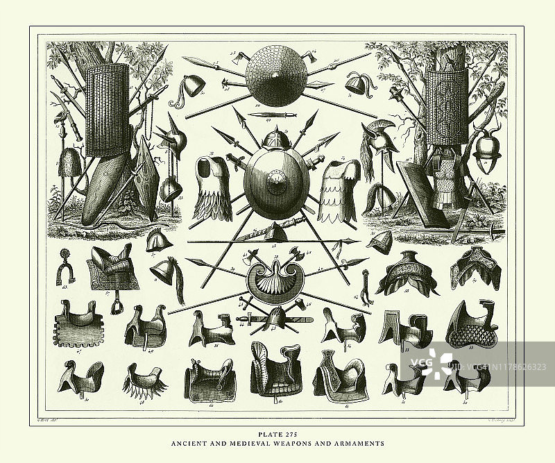 1851年古董雕刻：古代和中世纪武器与军备图片素材