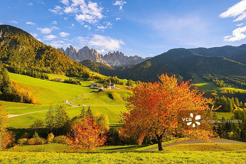 富内斯山谷圣马格达莱纳的秋色（特伦蒂诺-上阿迪杰多洛米蒂山脉）图片素材