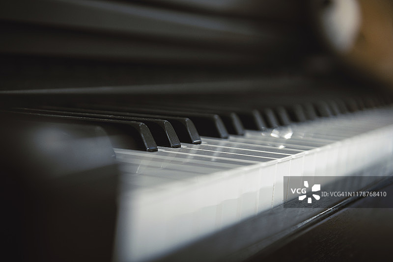 钢琴琴键特写，背景虚化图片素材