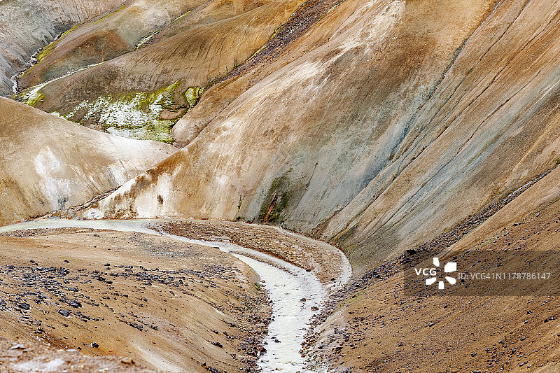 冰岛南部高地凯林加山脉：红色火山流纹岩被热液喷口中的其他矿物质着色。图片素材