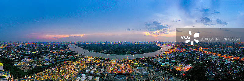 泰国曼谷炼油厂黄昏鸟瞰（无人机拍摄）图片素材