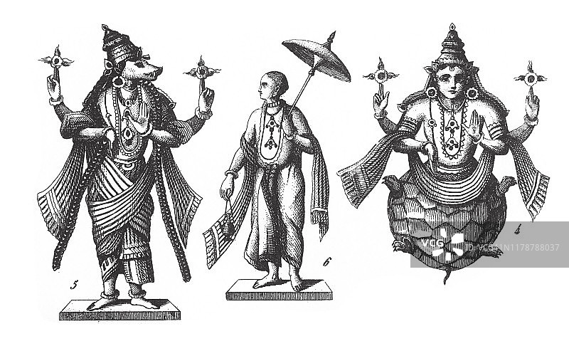 毗湿奴化身：龟、熊、矮人，印度教忏悔者，宗教人物和器物；蒙古偶像；佛像古董插图，1851年图片素材