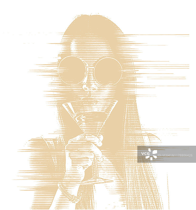 年轻女子用故障艺术喝马提尼图片素材