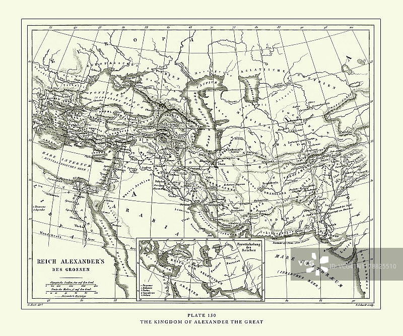 1851年出版的亚历山大大帝王国的古董雕刻插图图片素材