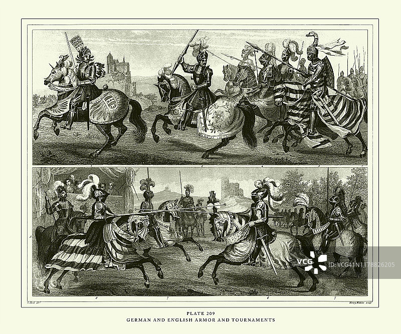 古董雕刻：1851年德国和英国盔甲与比赛雕刻古董插图图片素材