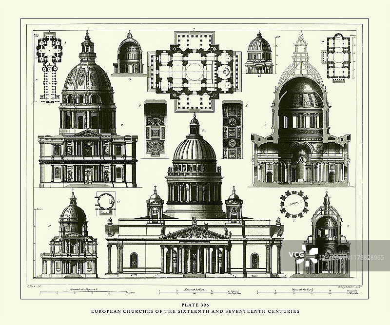 古董雕刻：十六和十七世纪的欧洲教堂古董插图（1851年出版）图片素材