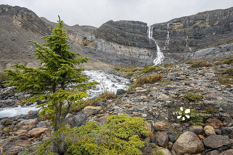 班夫国家公园的弓冰川瀑布，加拿大阿尔伯塔省图片素材