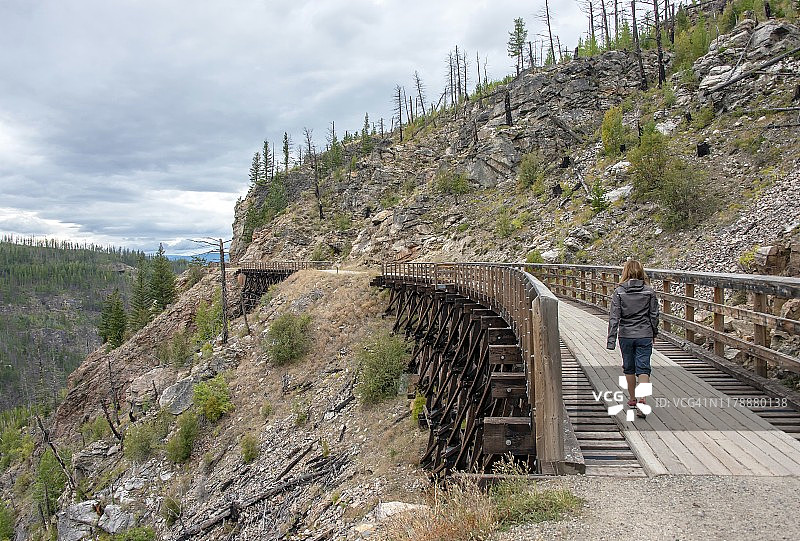 加拿大不列颠哥伦比亚省基洛纳，米拉峡谷的壶谷铁路桥旧址图片素材