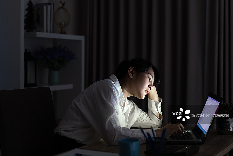 年轻的亚洲单身女学生深夜工作，在家居办公室的电脑笔记本上进行项目研究，感到压力的自然瞬间。亚洲人职业倦怠综合征概念。图片素材