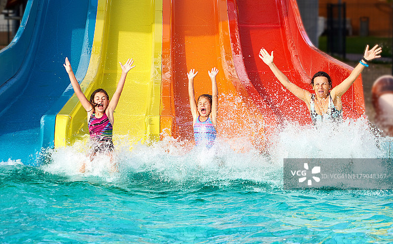 一家人在罗马尼亚水上乐园玩滑水道图片素材